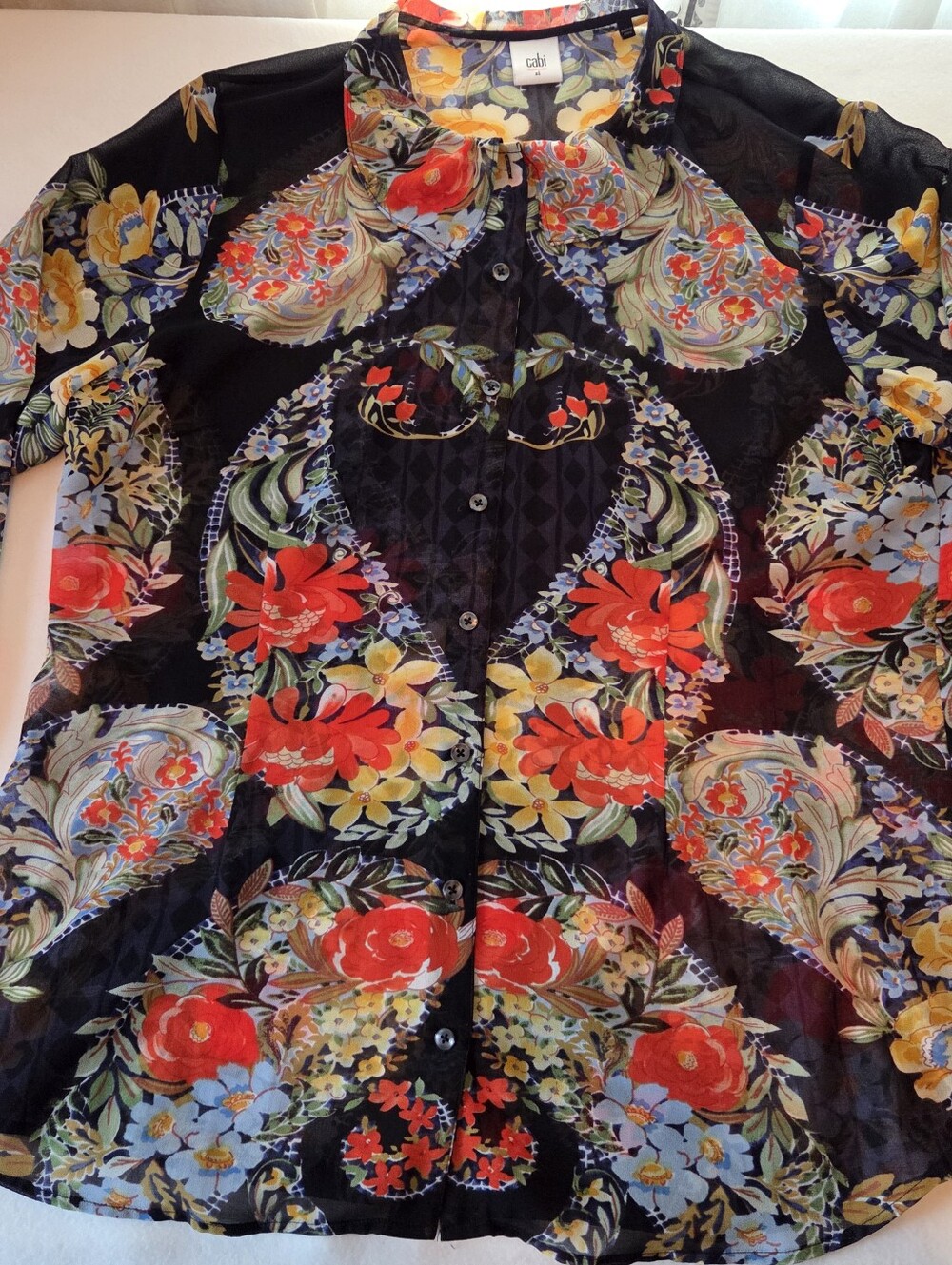 CAbi Women's XL Black Button-Down Shirt  Floral Paisley Print SHEER